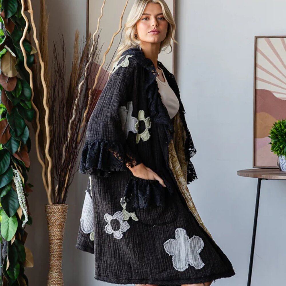 067Oli & Hali Flower Patchwork Lace Ruffle Sleeve Duster Washed Black Size Small - Picture 5 of 11